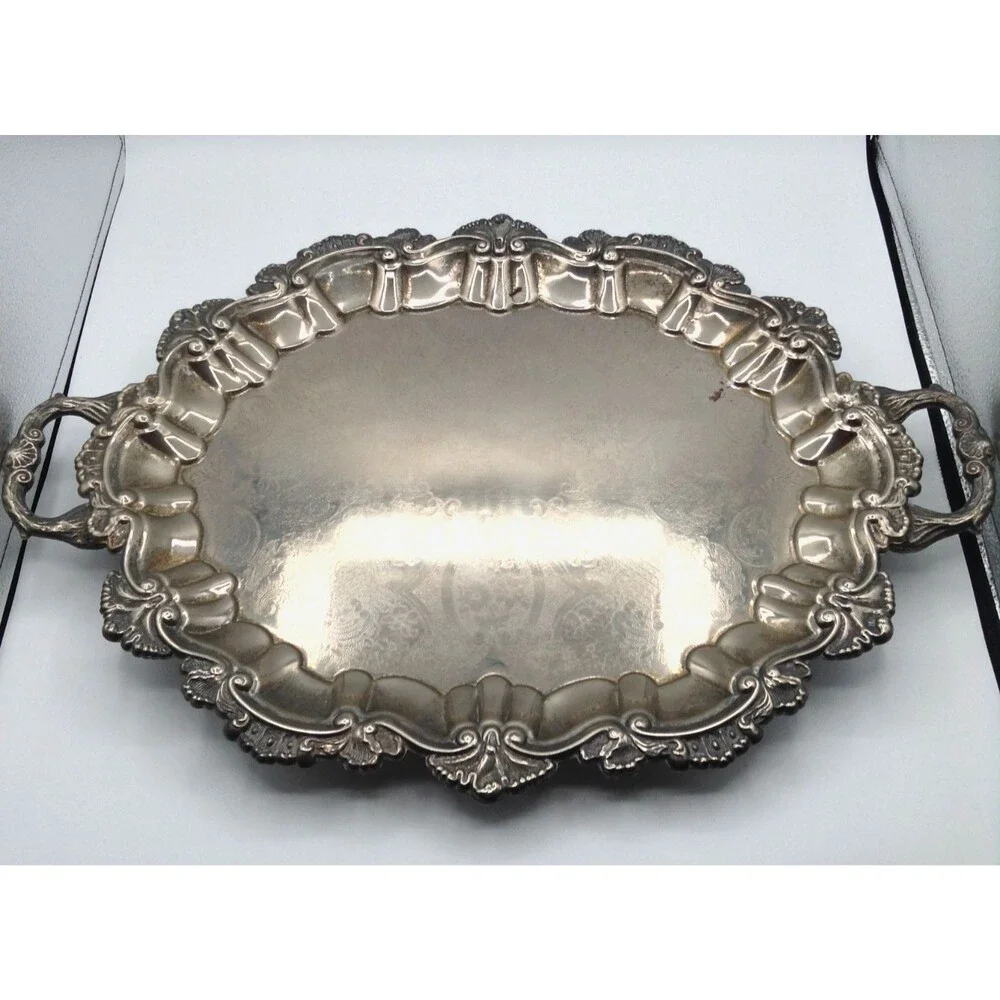 Vtg Silver Plate Serving Tray Platter Heavy Ornate Footed Handles Victorian 22